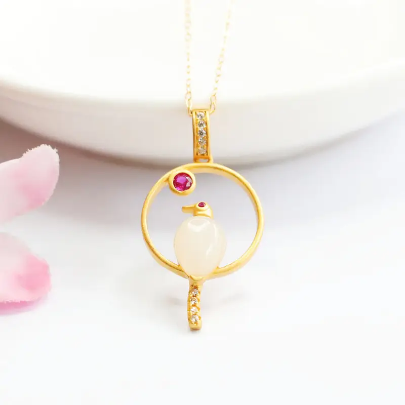 Guan Yu Pendant Necklace with Hetian Jade & Red Stone — feature 4