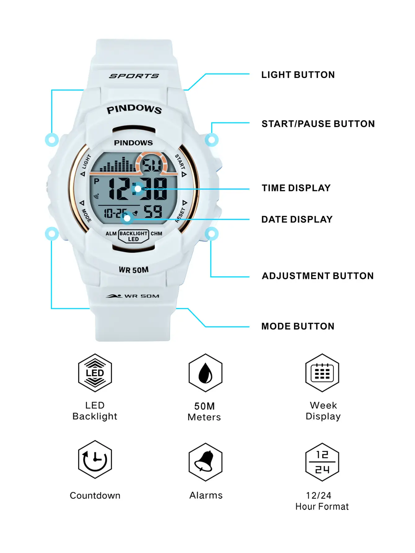 25 Year Waterproof Sports Watch Men Black Digital Display — feature 7