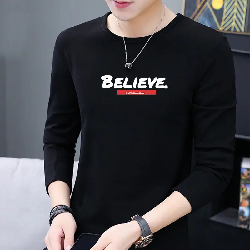 Men White Long Sleeve T-Shirt with "BELIEVE" Print
