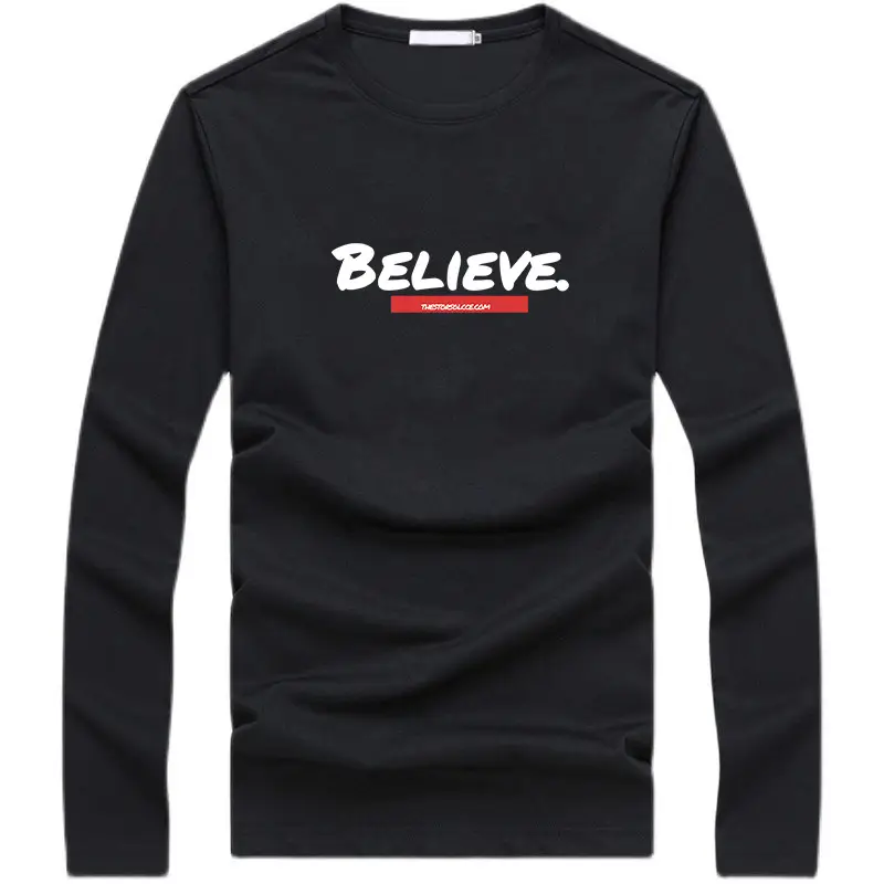 Men White Long Sleeve T-Shirt with "BELIEVE" Print