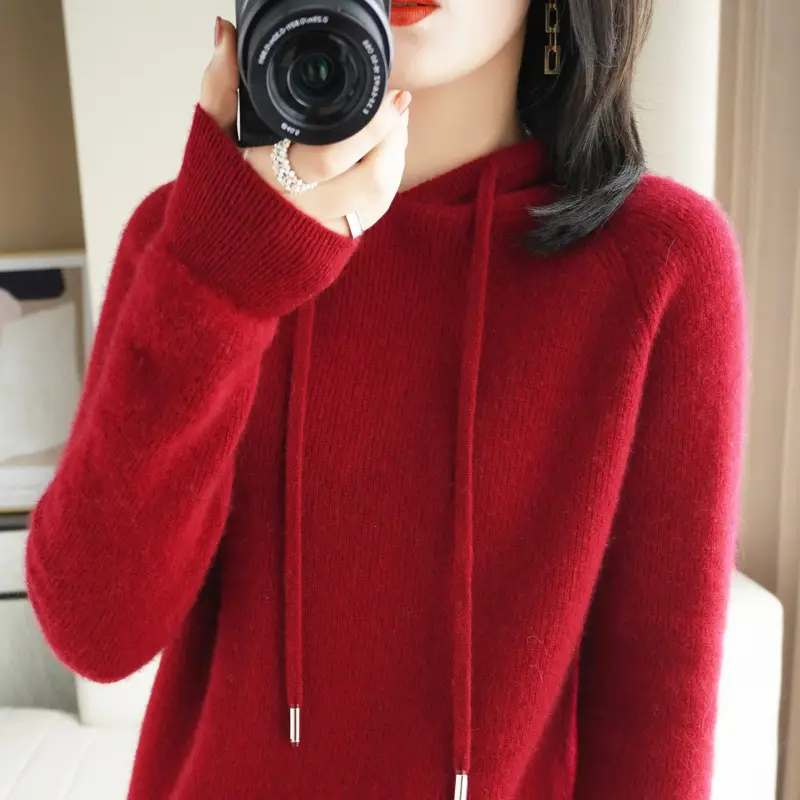 Women's Red Knit Hoodie Loose Fit Winter Wear - Image 7