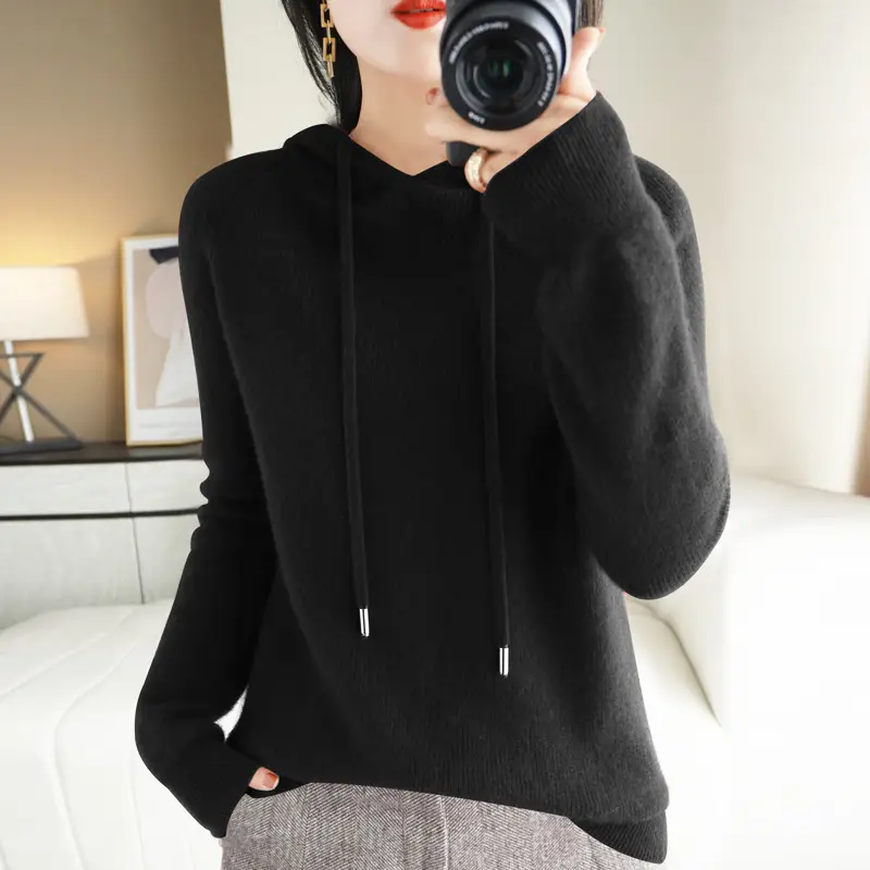 Women's Red Knit Hoodie Loose Fit Winter Wear - Image 6
