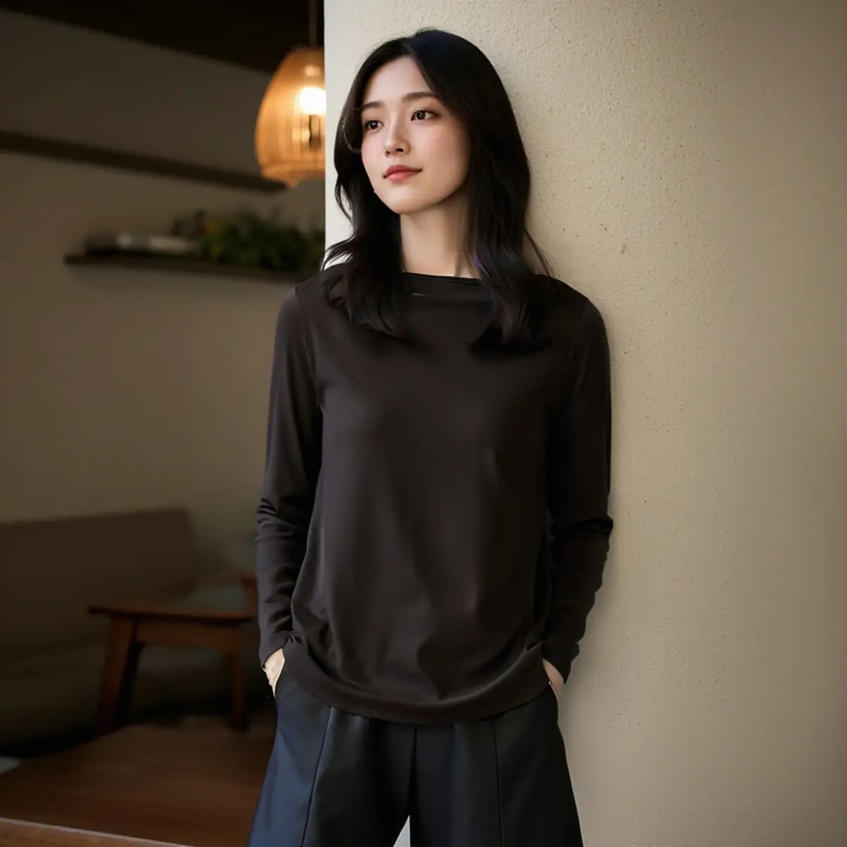 Women Crewneck Long Sleeve Jacket Black 2024