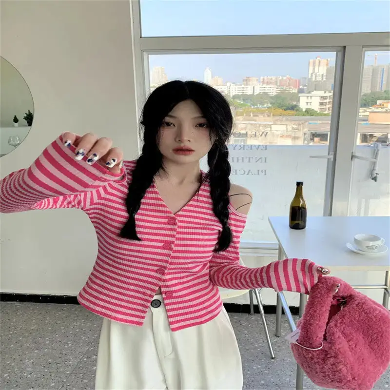 Korean Style Striped V-Neck Long Sleeve Cardigan Women - Image 4