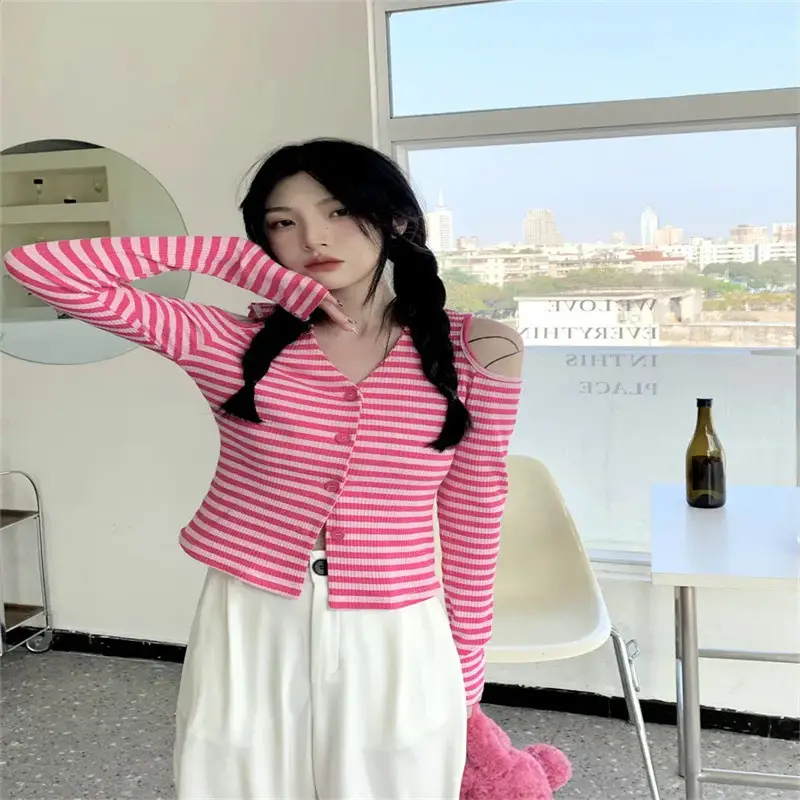Korean Style Striped V-Neck Long Sleeve Cardigan Women - Image 5