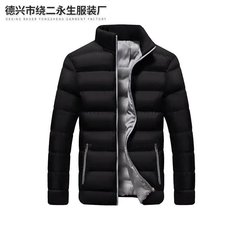 Men's Black Winter Puffer Jacket with Hood Stand Collar