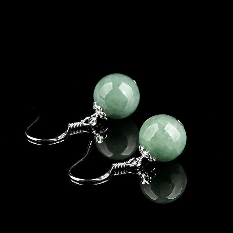 Green Jade Bean Earrings S925 Silver Inlay