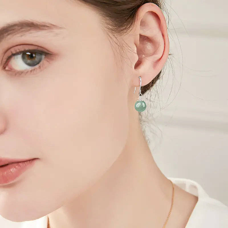 Green Jade Bean Earrings S925 Silver Inlay