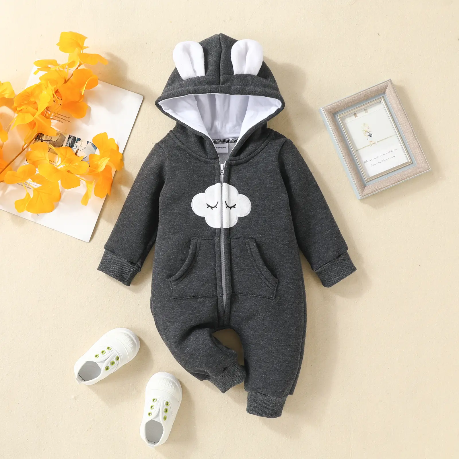 Baby Hooded Zipper Jumpsuit Brown Winter Warm - Image 10