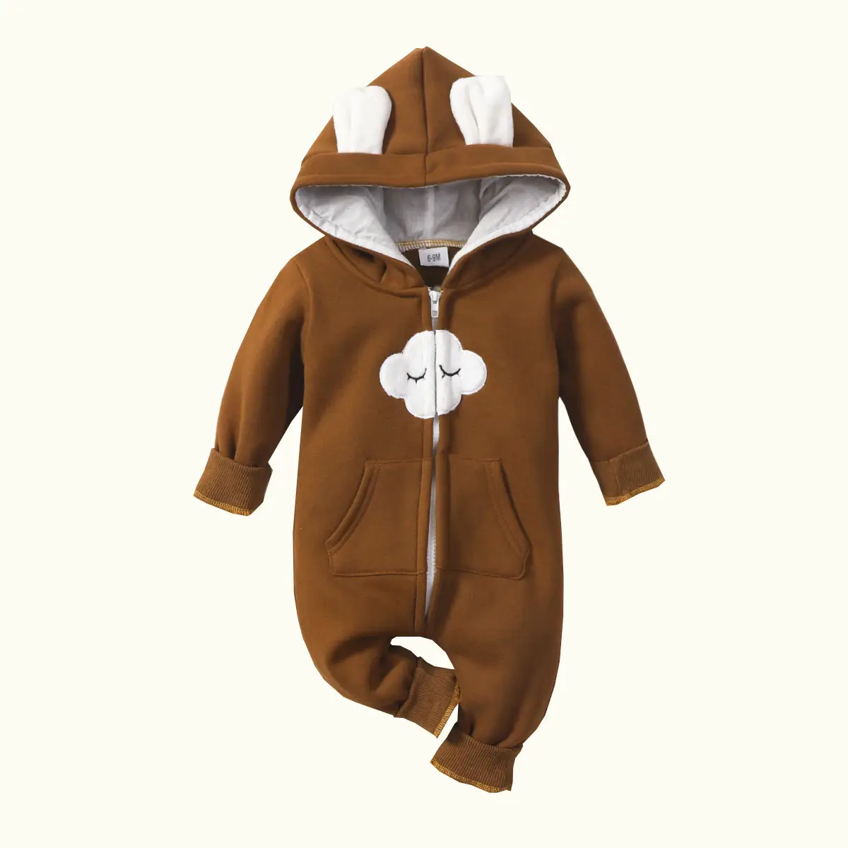 Baby Hooded Zipper Jumpsuit Brown Winter Warm - Image 5