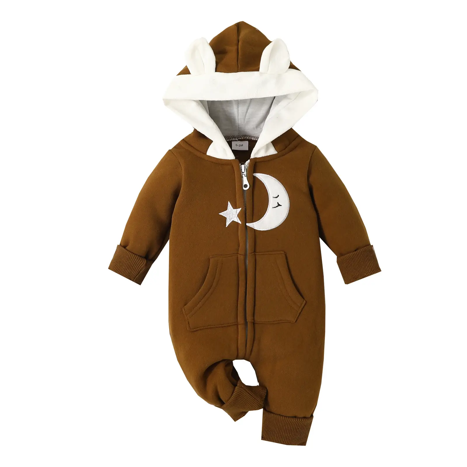 Baby Hooded Zipper Jumpsuit Brown Winter Warm - Image 6