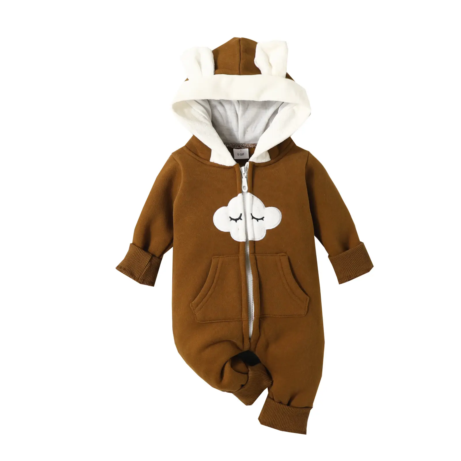 Baby Hooded Zipper Jumpsuit Brown Winter Warm - Image 7
