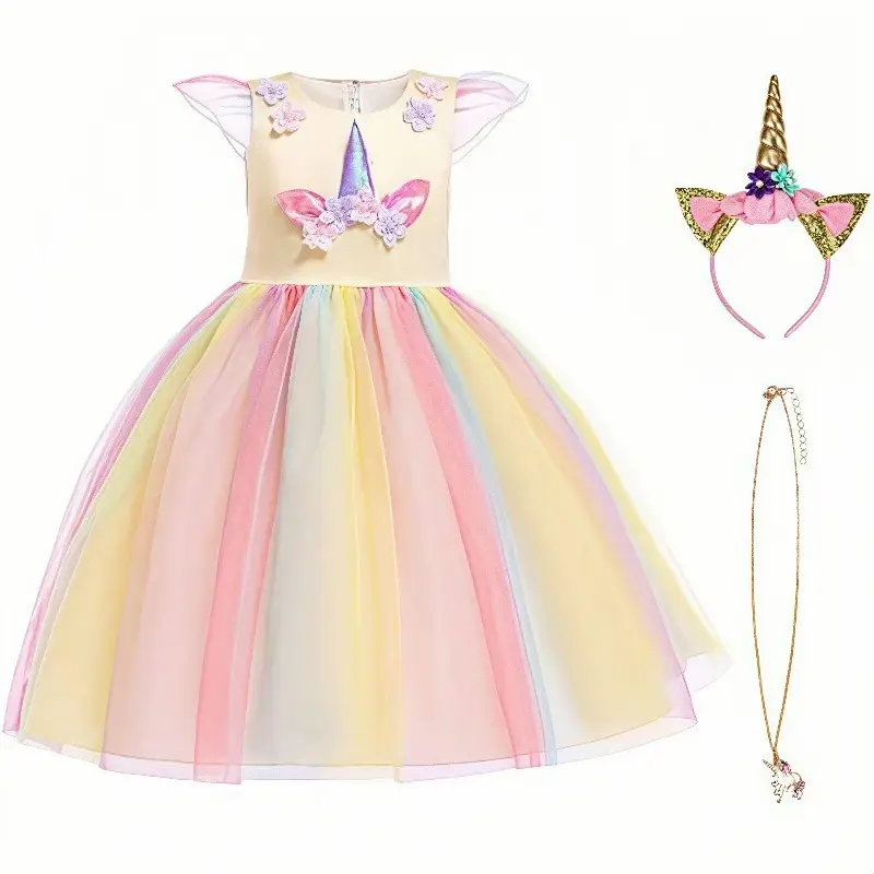 Children Rainbow Unicorn Gauze Dress Macaron Color