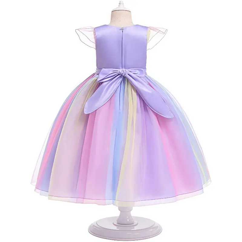 Children Rainbow Unicorn Gauze Dress Macaron Color