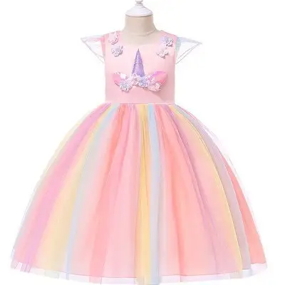 Children Rainbow Unicorn Gauze Dress Macaron Color