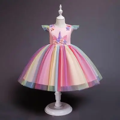 Children Rainbow Unicorn Gauze Dress Macaron Color