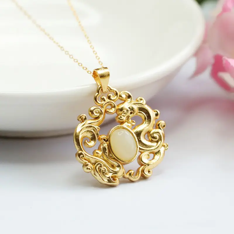 Guan Yu S925 Silver Inlaid Jade Pendant Dragon Phoenix Necklace - Image 2