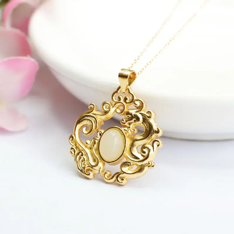 Guan Yu S925 Silver Inlaid Jade Pendant Dragon Phoenix Necklace - Image 3