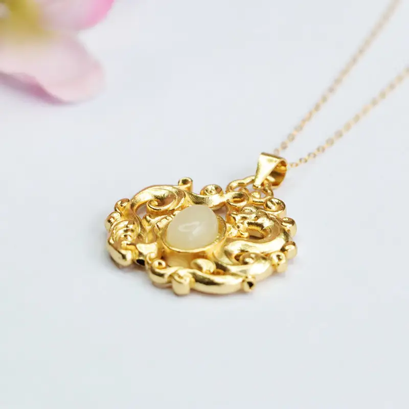 Guan Yu S925 Silver Inlaid Jade Pendant Dragon Phoenix Necklace - Image 4
