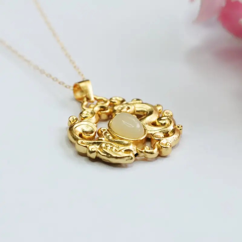 Guan Yu S925 Silver Inlaid Jade Pendant Dragon Phoenix Necklace — feature 8