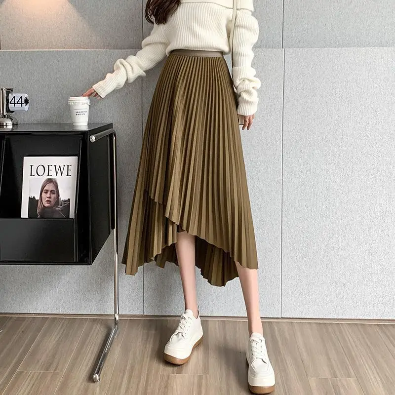 Women Pleated Irregular Skirt Set Autumn Long Swing