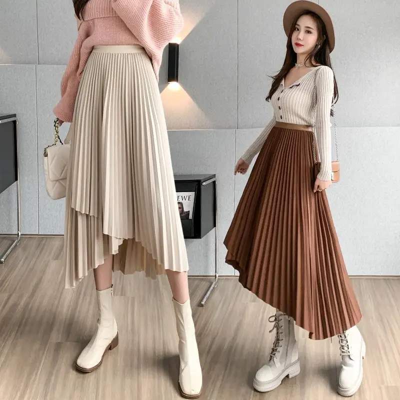Women Pleated Irregular Skirt Set Autumn Long Swing