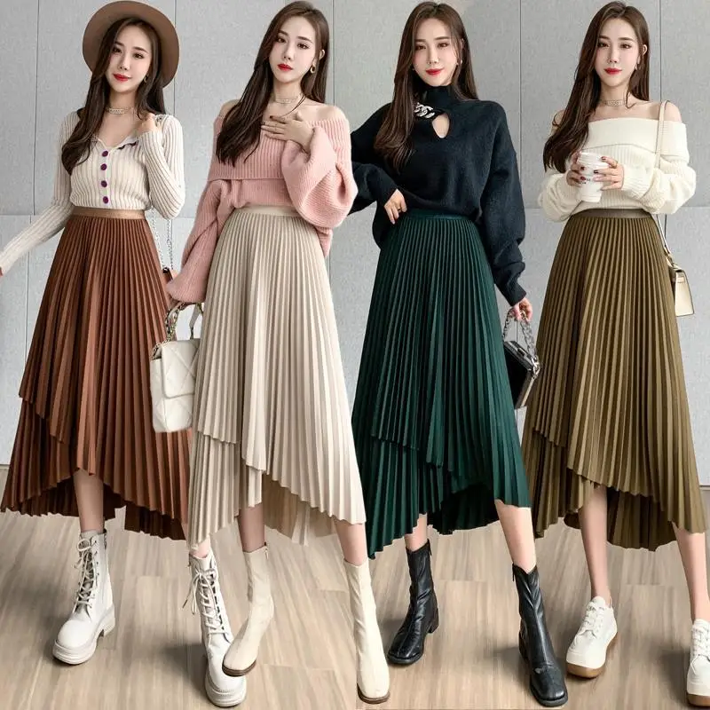 Women Pleated Irregular Skirt Set Autumn Long Swing