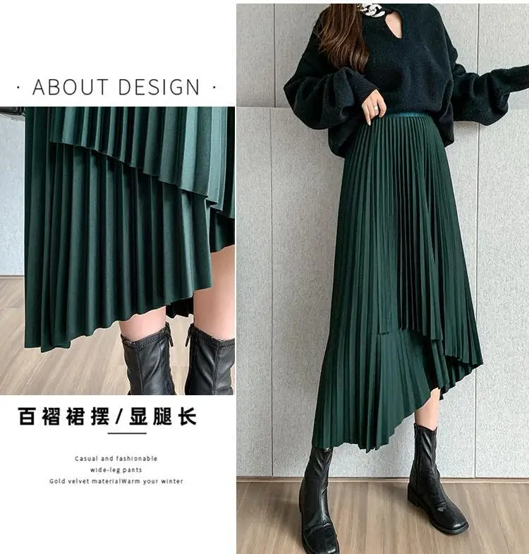 Women Pleated Irregular Skirt Set Autumn Long Swing — feature 10