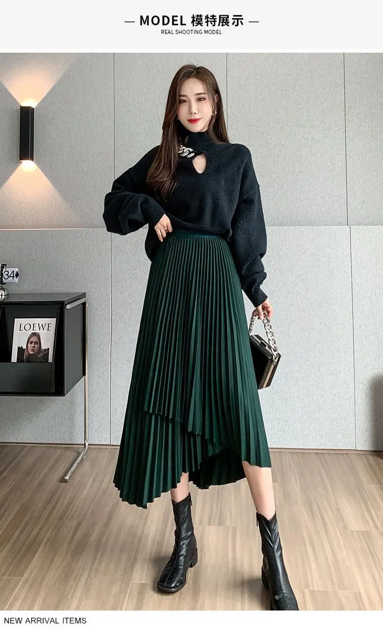 Women Pleated Irregular Skirt Set Autumn Long Swing — feature 14