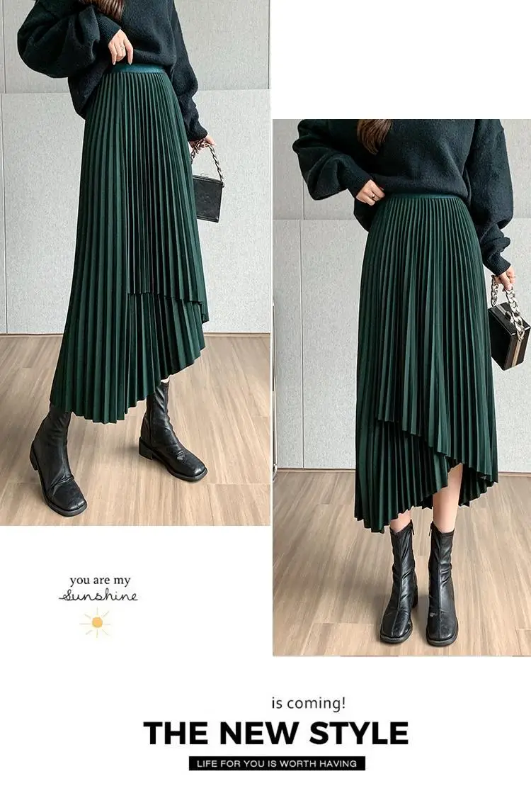 Women Pleated Irregular Skirt Set Autumn Long Swing — feature 15