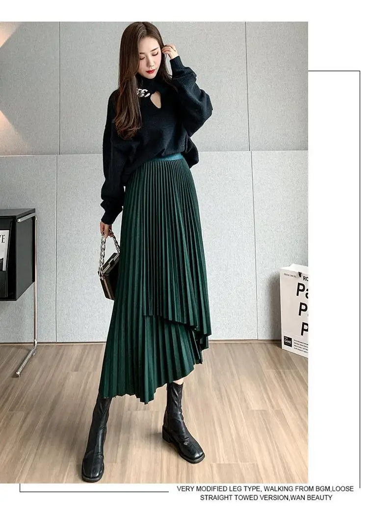 Women Pleated Irregular Skirt Set Autumn Long Swing — feature 16