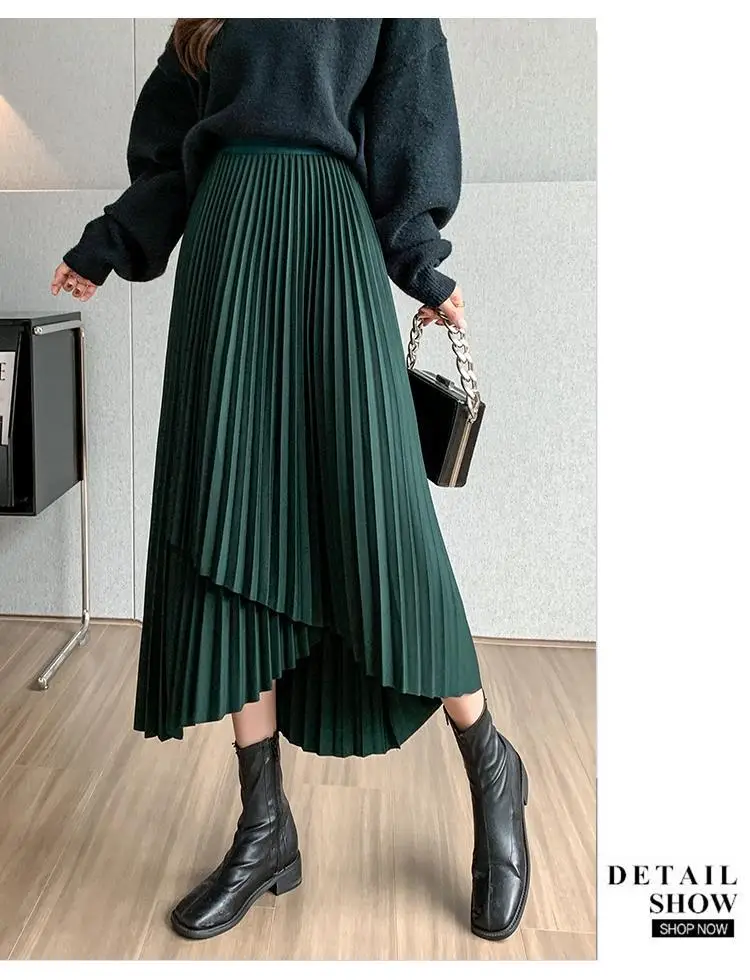 Women Pleated Irregular Skirt Set Autumn Long Swing — feature 17