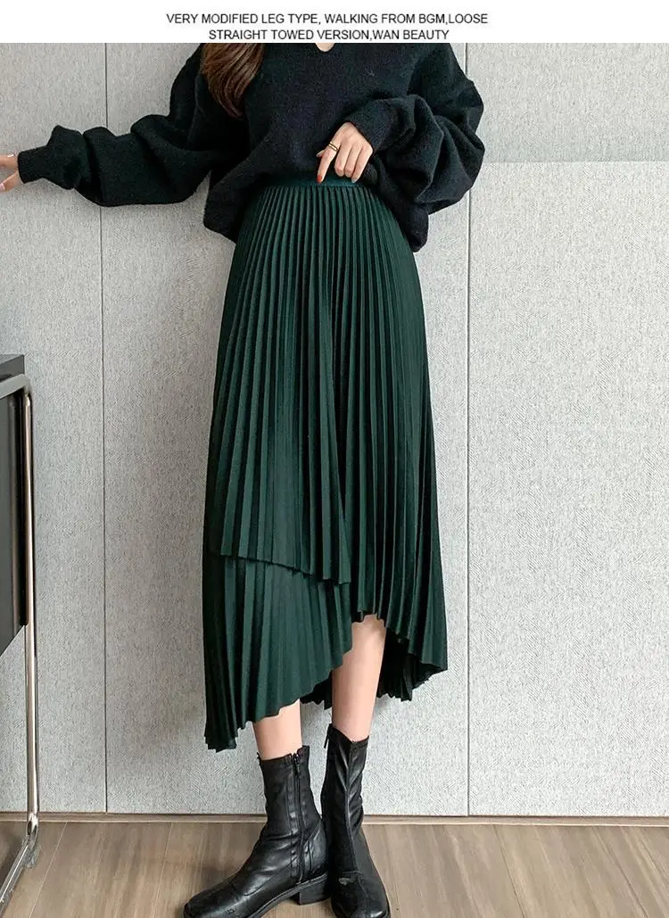 Women Pleated Irregular Skirt Set Autumn Long Swing — feature 19