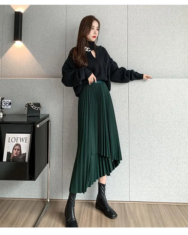 Women Pleated Irregular Skirt Set Autumn Long Swing — feature 20