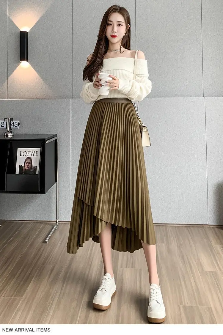 Women Pleated Irregular Skirt Set Autumn Long Swing — feature 21
