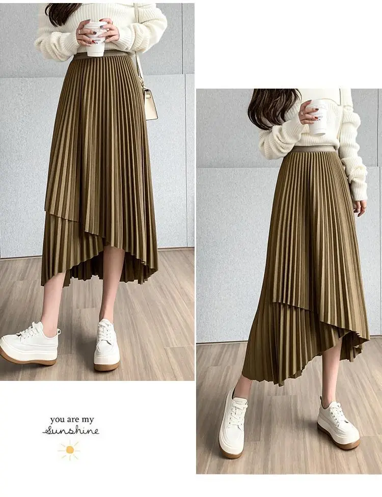 Women Pleated Irregular Skirt Set Autumn Long Swing — feature 22