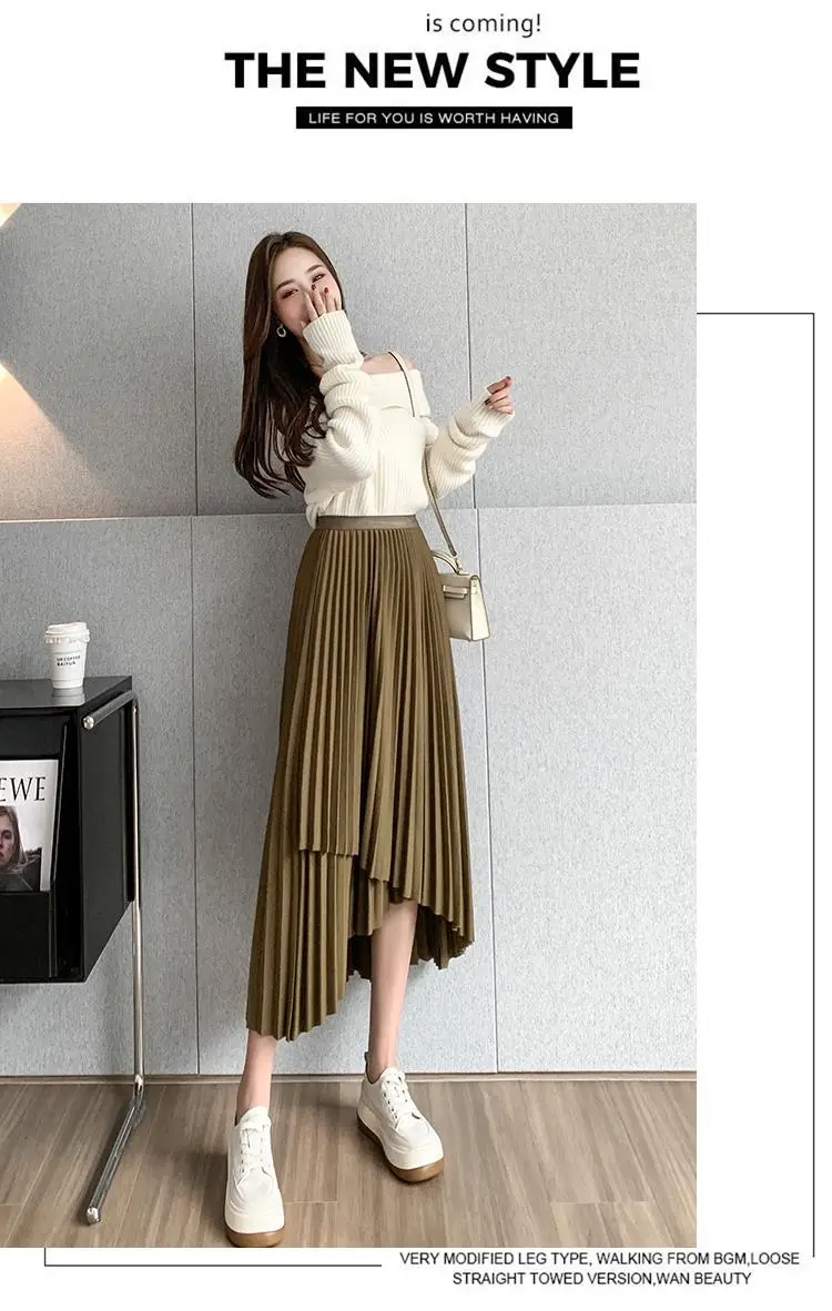 Women Pleated Irregular Skirt Set Autumn Long Swing — feature 23