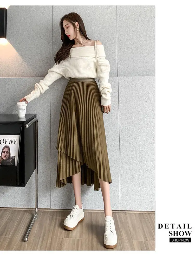 Women Pleated Irregular Skirt Set Autumn Long Swing — feature 24