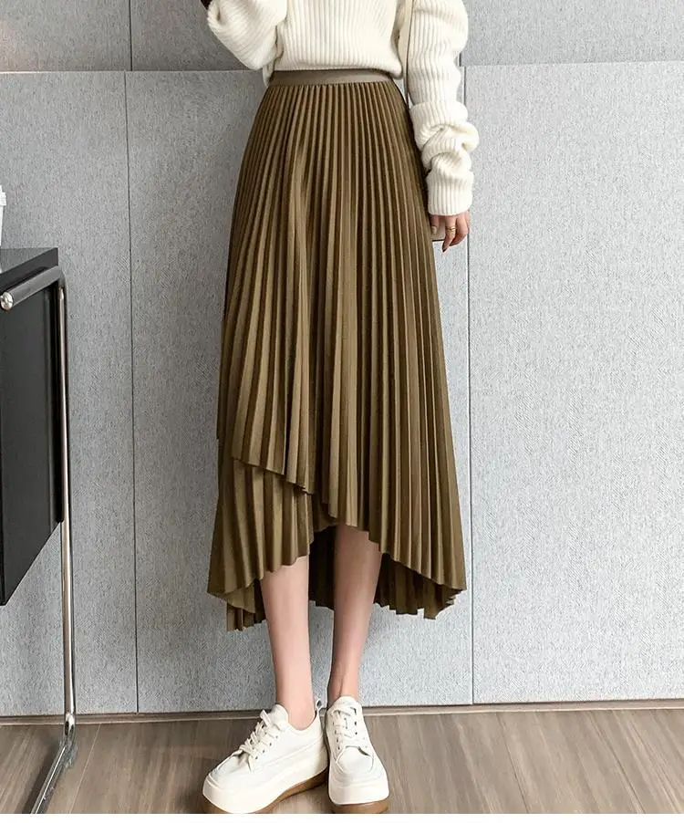 Women Pleated Irregular Skirt Set Autumn Long Swing — feature 25