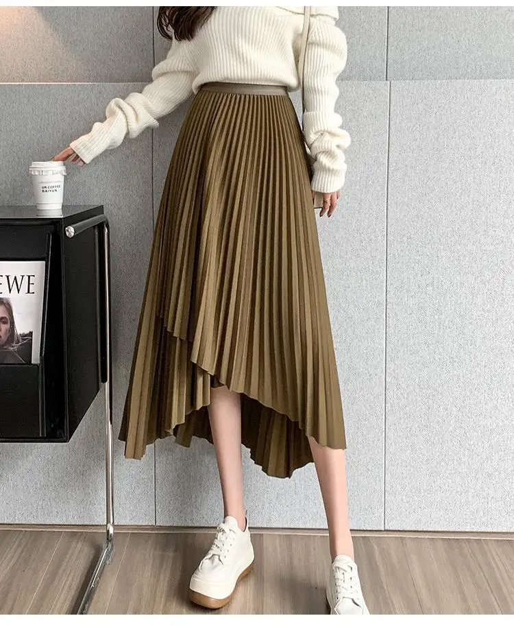 Women Pleated Irregular Skirt Set Autumn Long Swing — feature 27