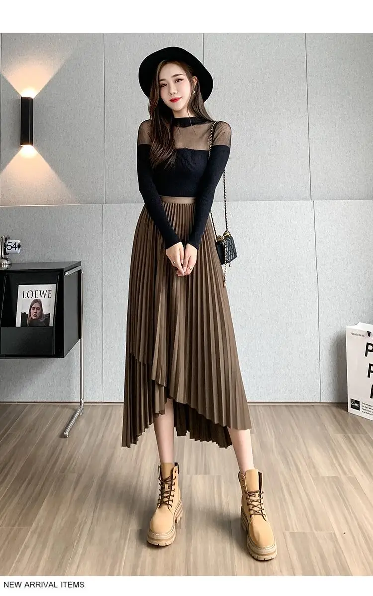 Women Pleated Irregular Skirt Set Autumn Long Swing — feature 28