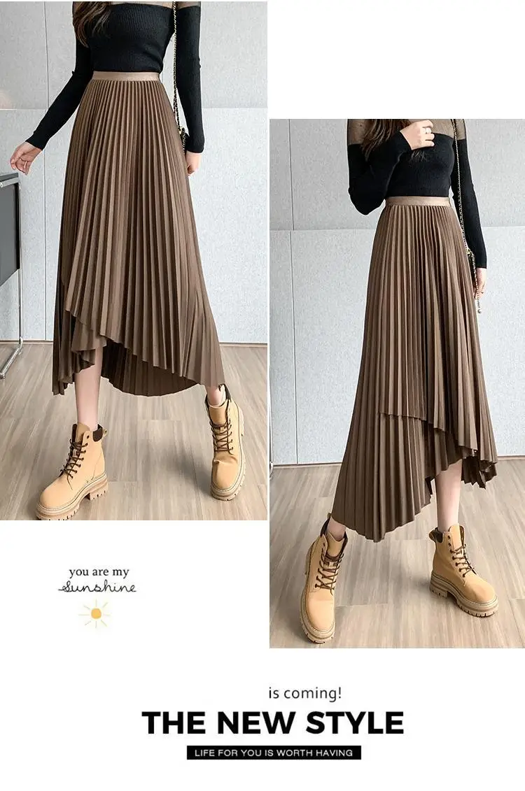 Women Pleated Irregular Skirt Set Autumn Long Swing — feature 29