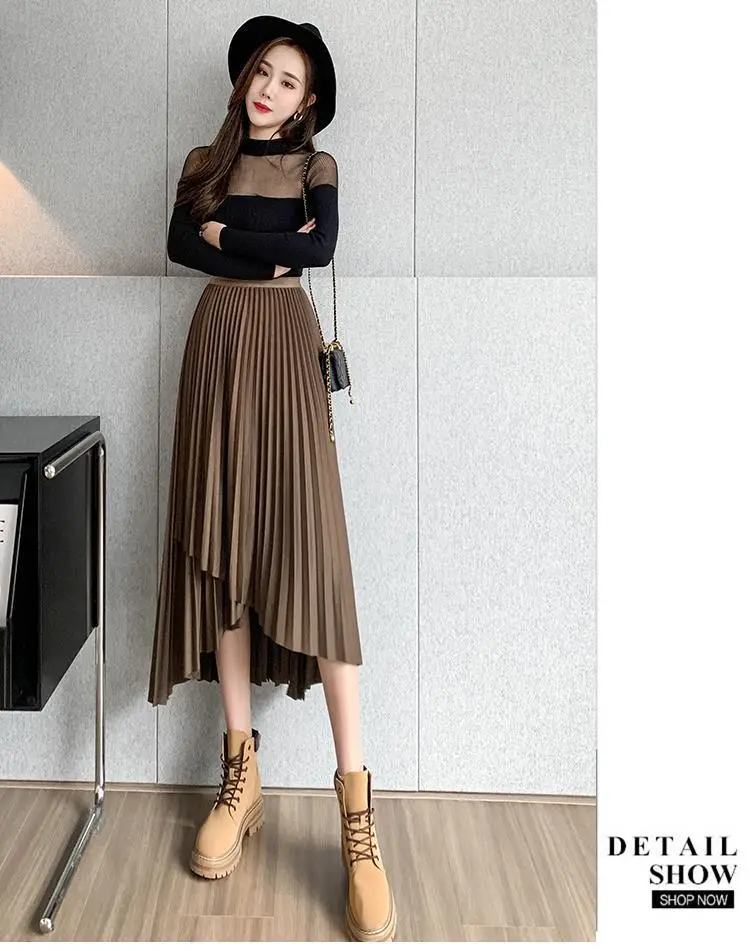 Women Pleated Irregular Skirt Set Autumn Long Swing — feature 31