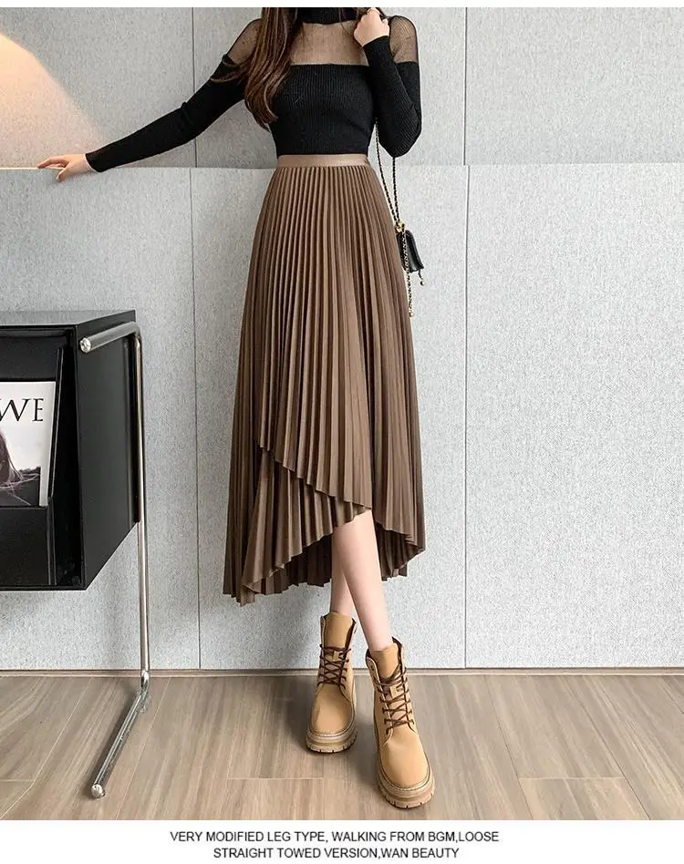 Women Pleated Irregular Skirt Set Autumn Long Swing — feature 32