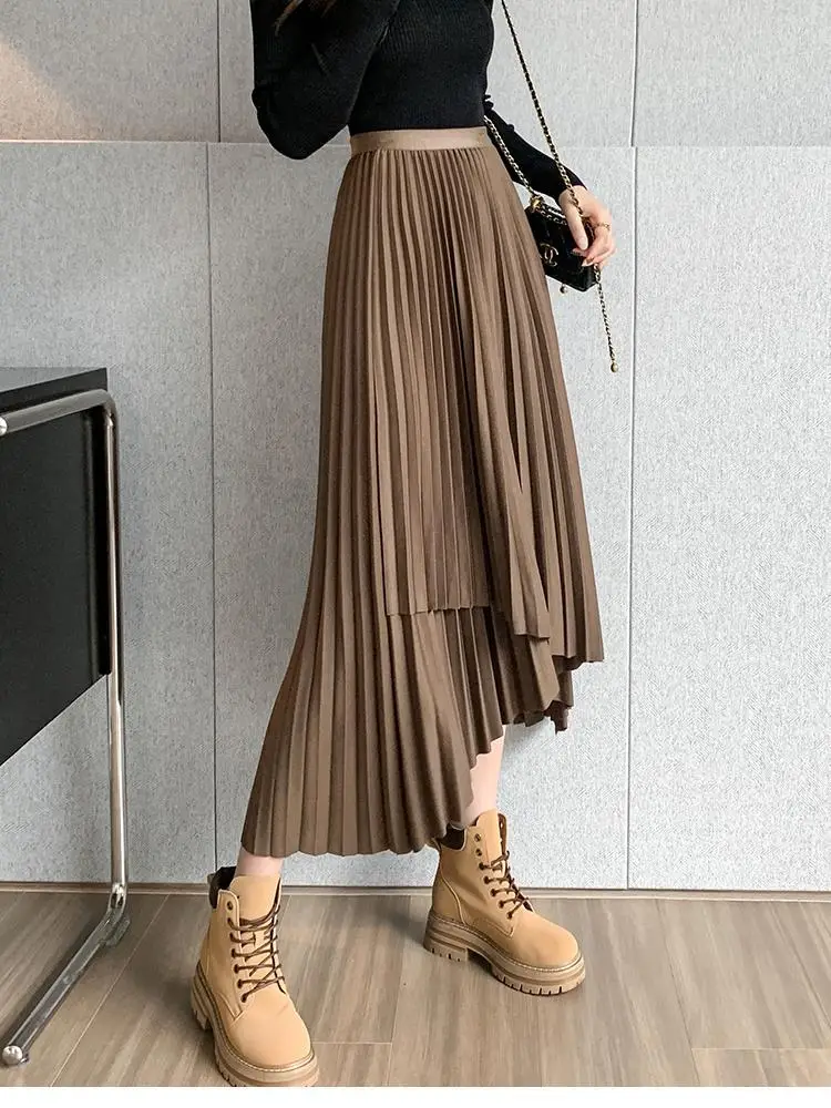 Women Pleated Irregular Skirt Set Autumn Long Swing — feature 33