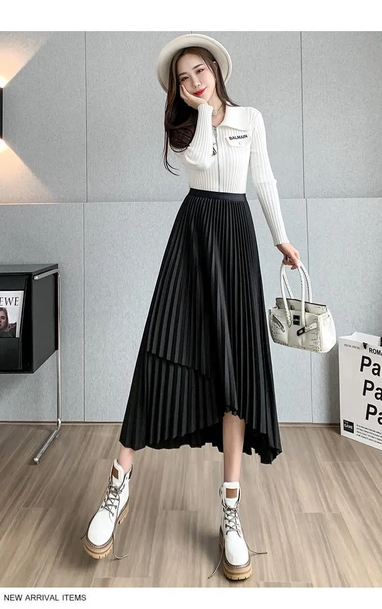 Women Pleated Irregular Skirt Set Autumn Long Swing — feature 35