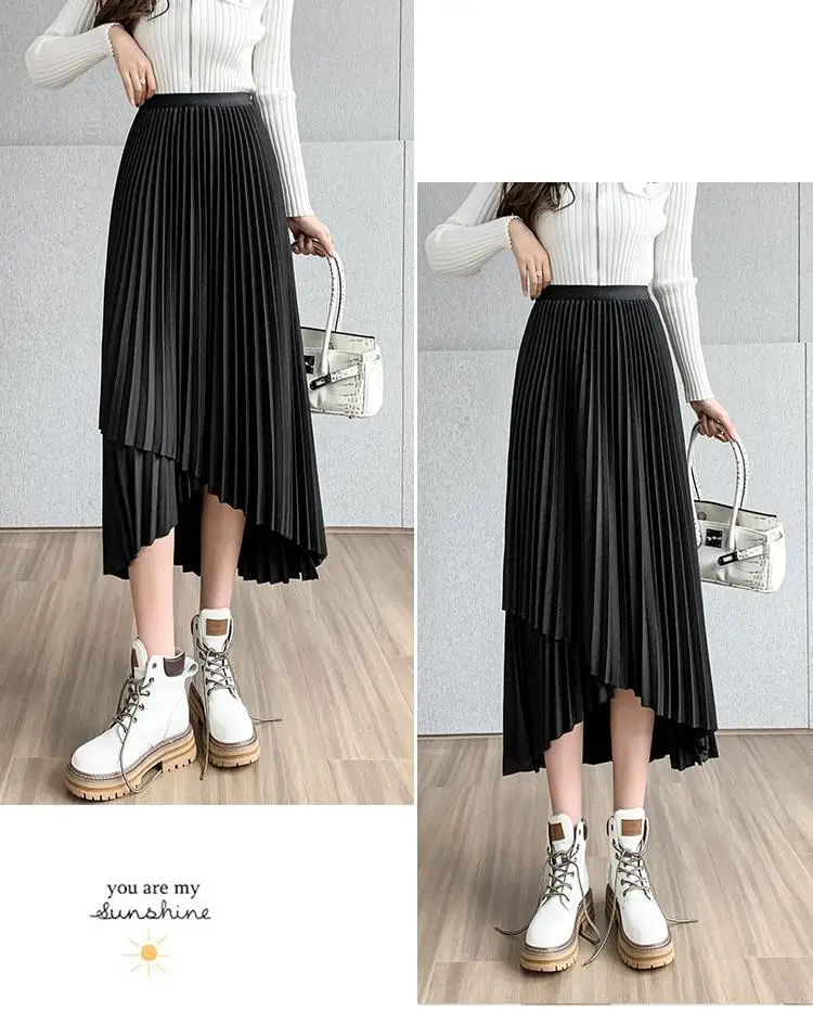 Women Pleated Irregular Skirt Set Autumn Long Swing — feature 36