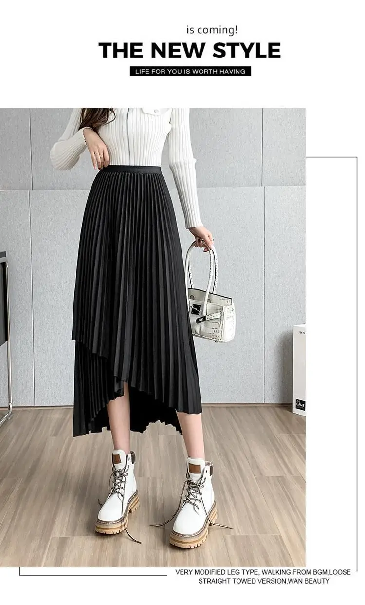 Women Pleated Irregular Skirt Set Autumn Long Swing — feature 37