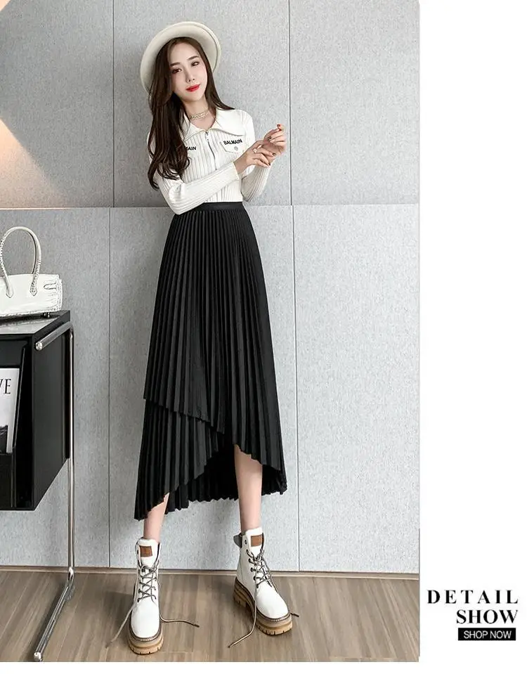 Women Pleated Irregular Skirt Set Autumn Long Swing — feature 38