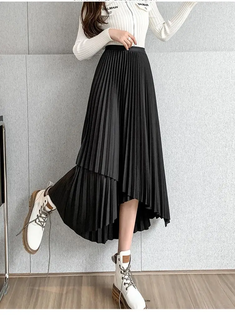 Women Pleated Irregular Skirt Set Autumn Long Swing — feature 40